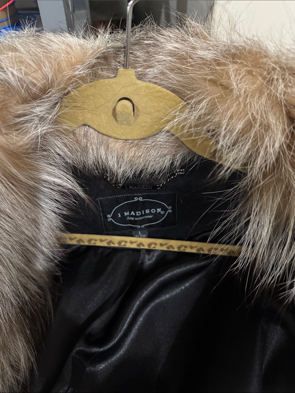 Madison Black Pea Coat with Natural Brown Faux Fur Trim
